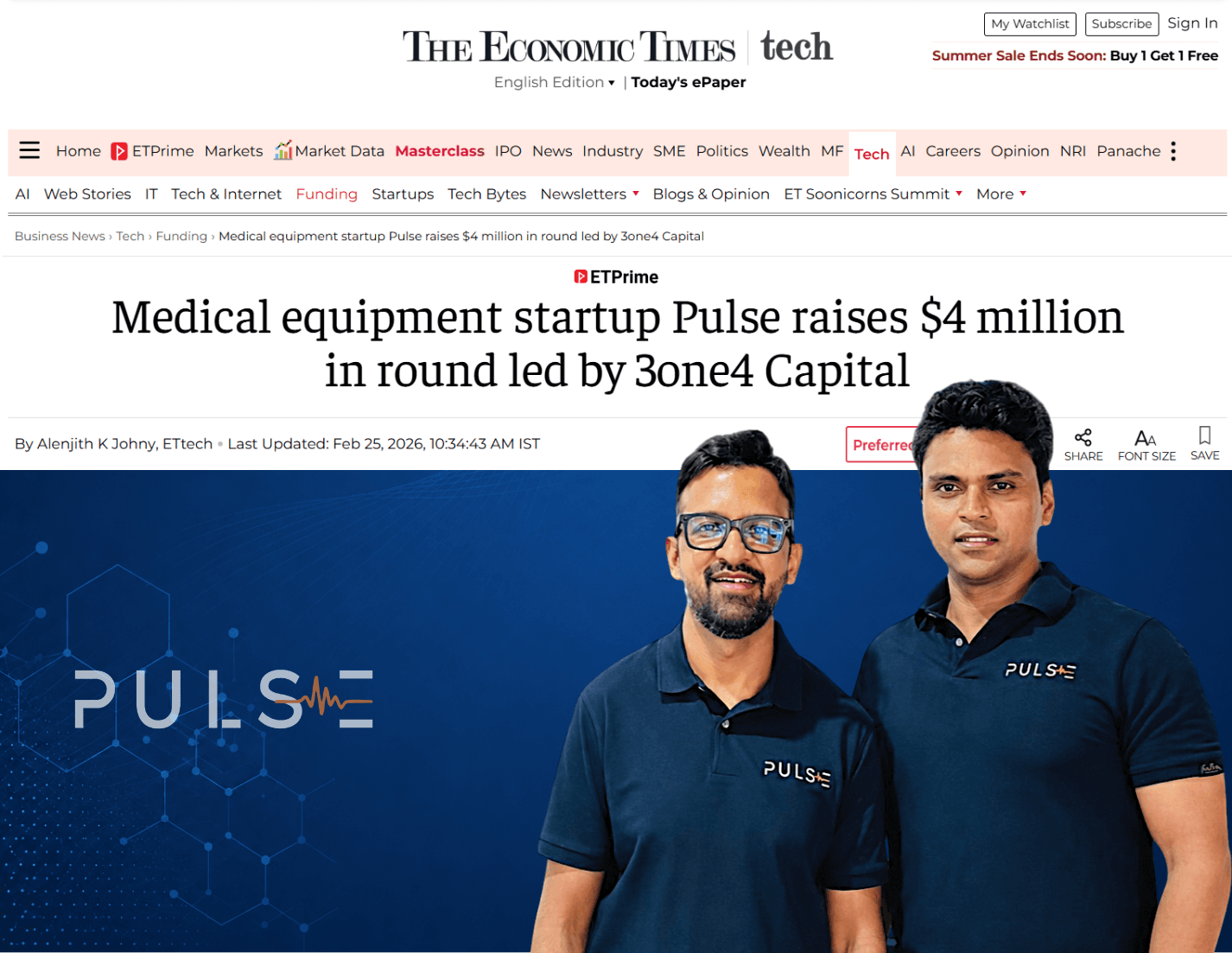 Medical equipment startup Pulse raises $4 million in round led by 3one4 Capital